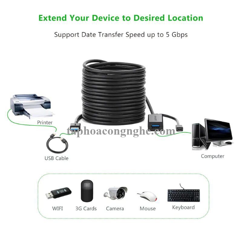 Ugreen 20827 10M màu Đen Cáp tín hiệu nối dài USB 3.0 hỗ trợ nguồn MICRO USB US175 30020827